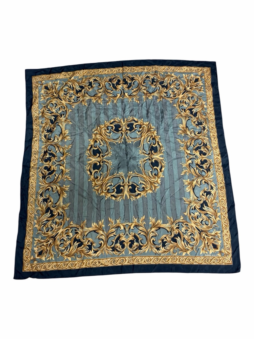 Ornate Gold Scroll Square Scarf with Teal and Navy